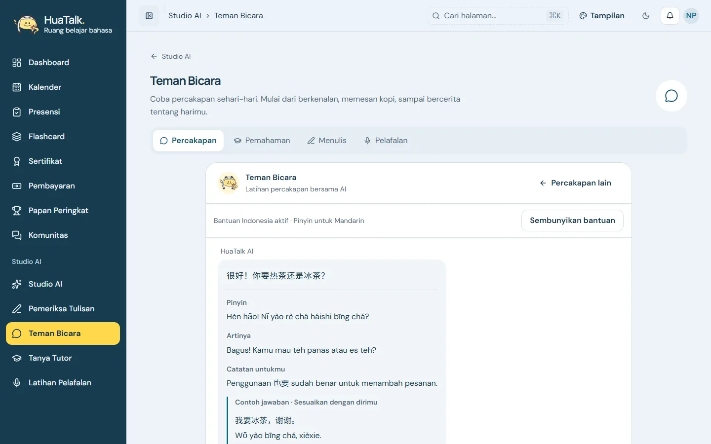 AI conversation partner replying in Mandarin with pinyin, translation and feedback
